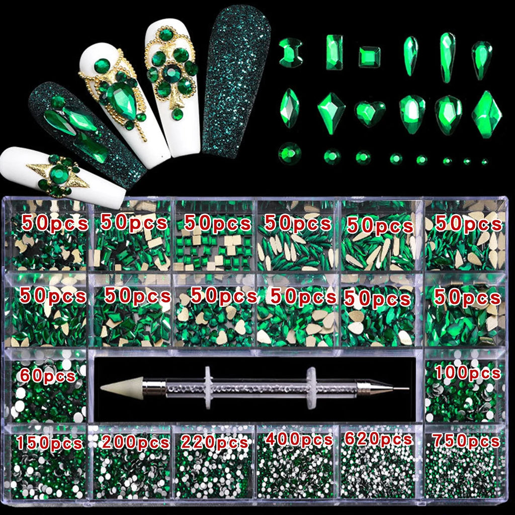 21 grid rhinestone box mixed nail diamond Flat glass shaped diamond DIY nail rhinestone nail jewelry set