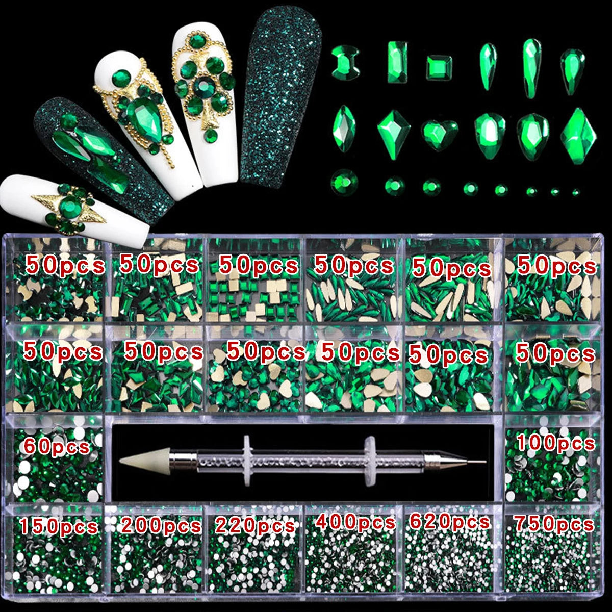 21 grid rhinestone box mixed nail diamond Flat glass shaped diamond DIY nail rhinestone nail jewelry set