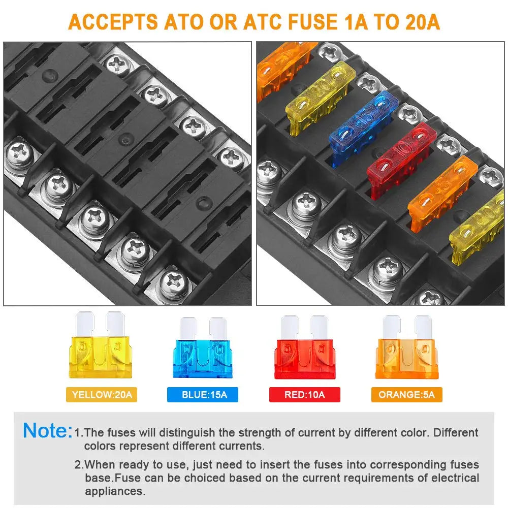 6 Way Fuse Box with Negative Bus Waterproof 6 Circuit Automotive Fuse Holder Fuse Block for 12V/24V Car Truck Boat Marine RV