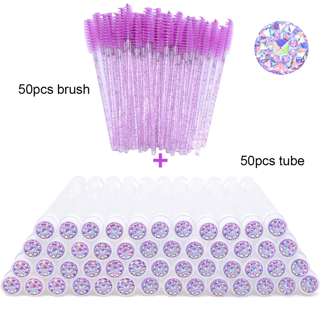 50pcs Lash Brush Mascara Wands with Tube Containers, Crystal Handle Spoolies - Red
