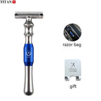 Titan Safety Razor for Men, Metal Handle, Replaceable Blade, Black/Blue/Silver