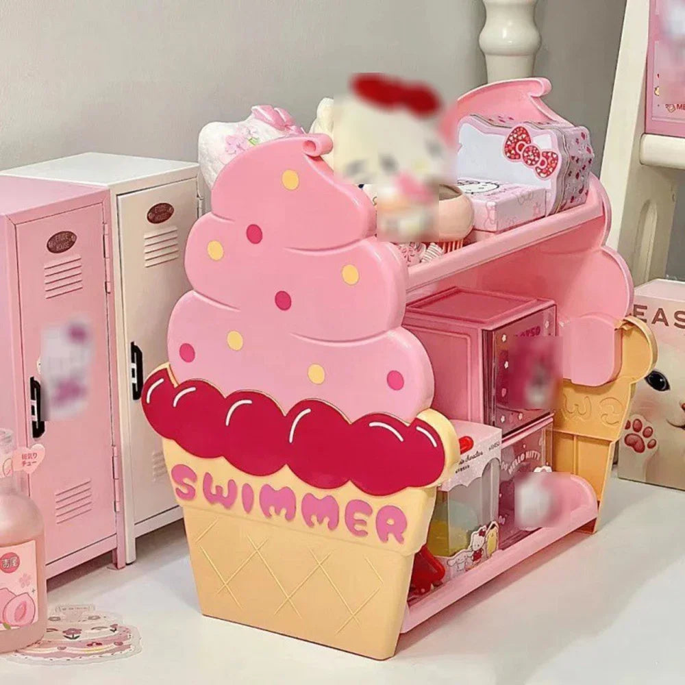Ice Cream Double Layers Split Organiser Girls Heart Shaped Cosmetic Organiser Pink Cute Doll Jewellery Holder Student Dorm Room