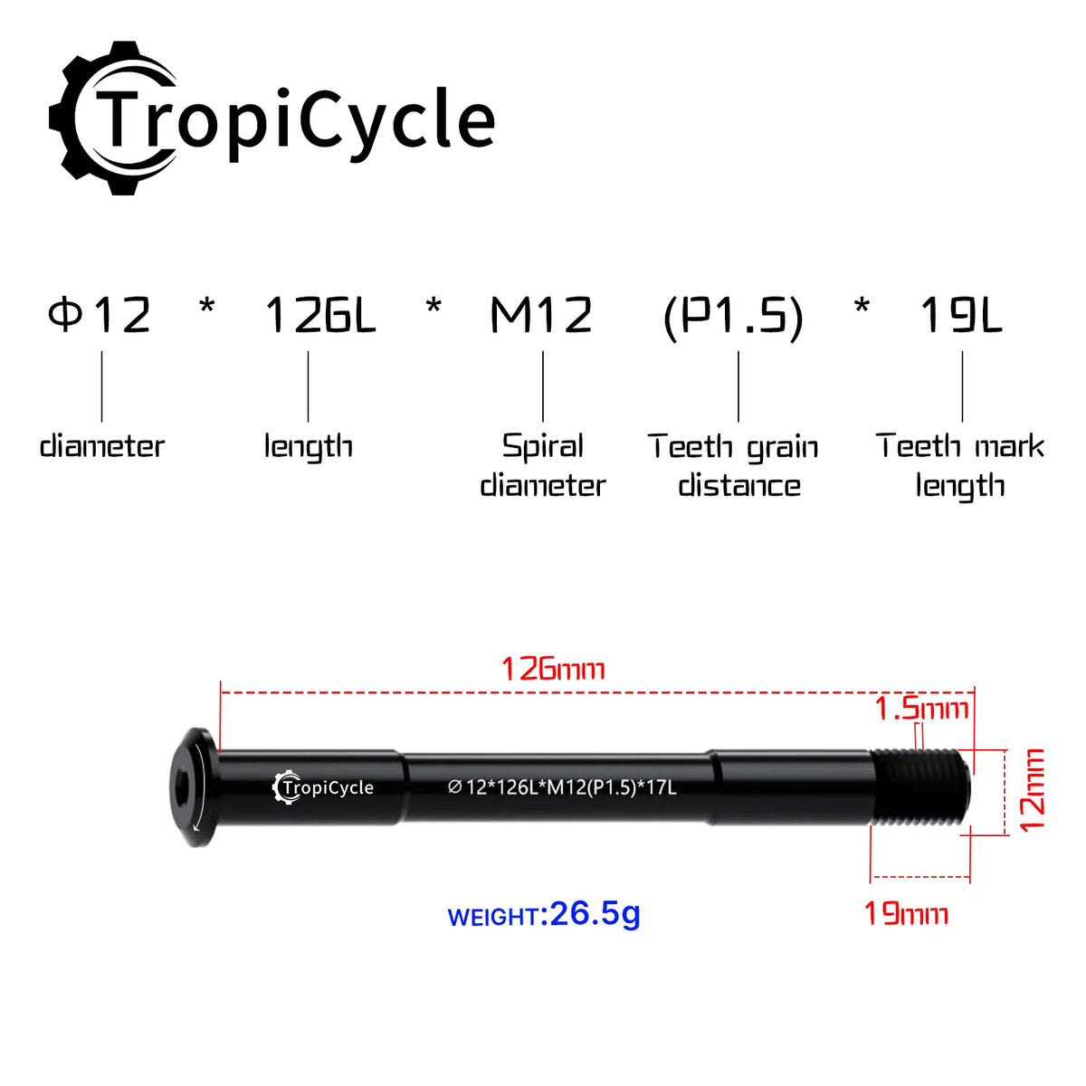 Tropicycle MTB Road Bike Thru Axle Front Fork Shaft Skewers M12x1.0 M12x1.5 12x142/162/174 12x100/110mm Aluminum alloy Bike Axle