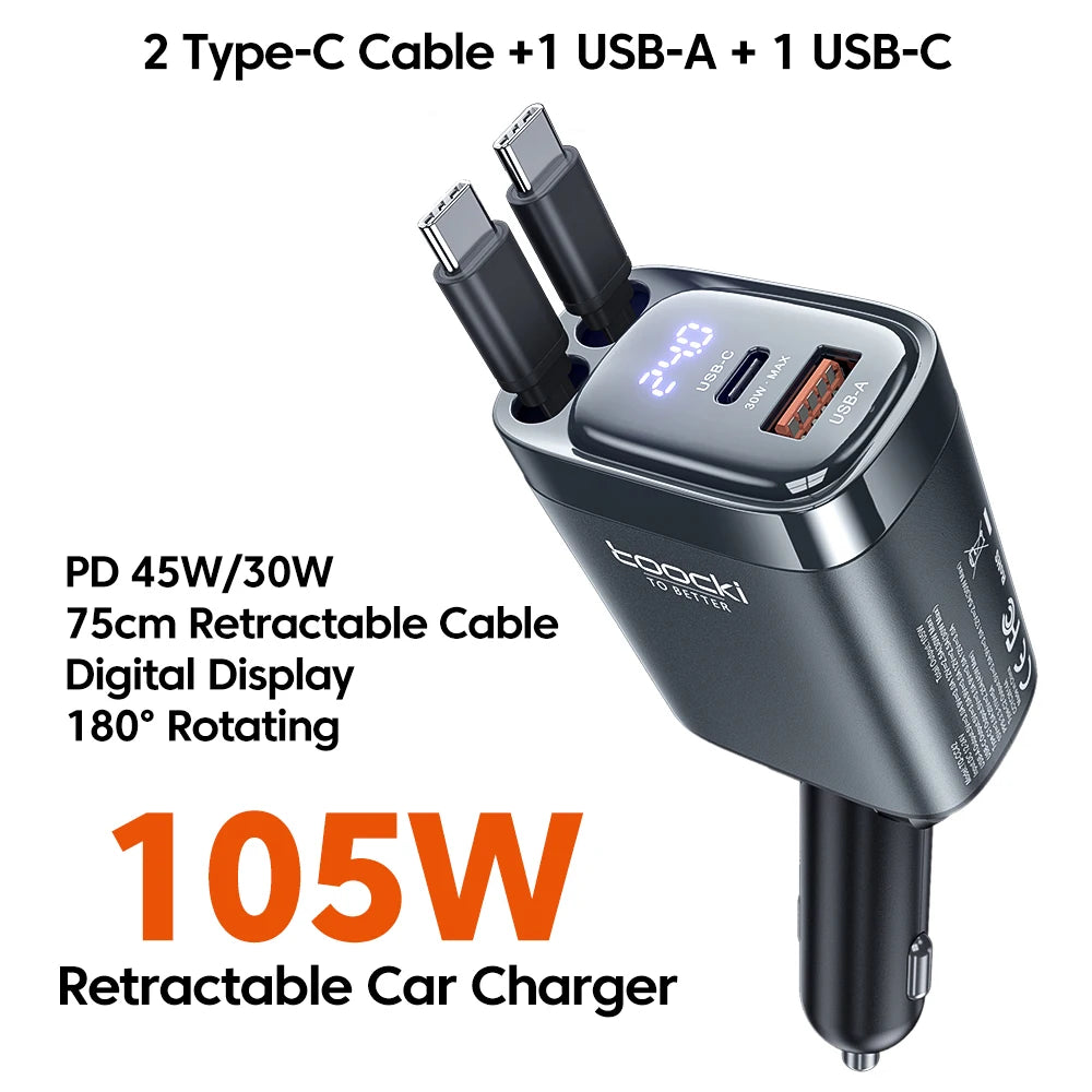 Toocki Digital Display Car Charger 105W 4 In1 Fast Charge Dual Type-C Cable With Retractable Cable For iPhone 16 15 14  Samsung