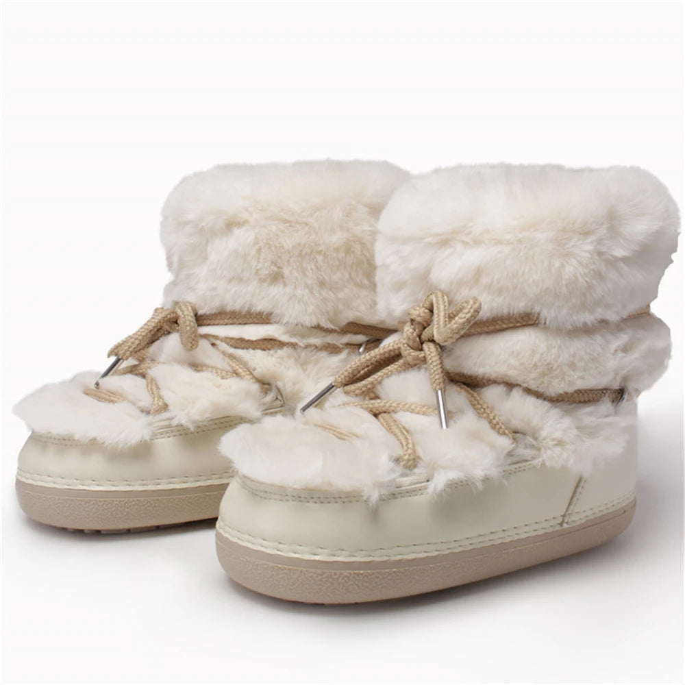 2025 Winter Snow Boots Women Ski Boots Luxury Fluffy Furry Fur Boots Female Rivets Warm Waterproof Platform Black Cotton Boots