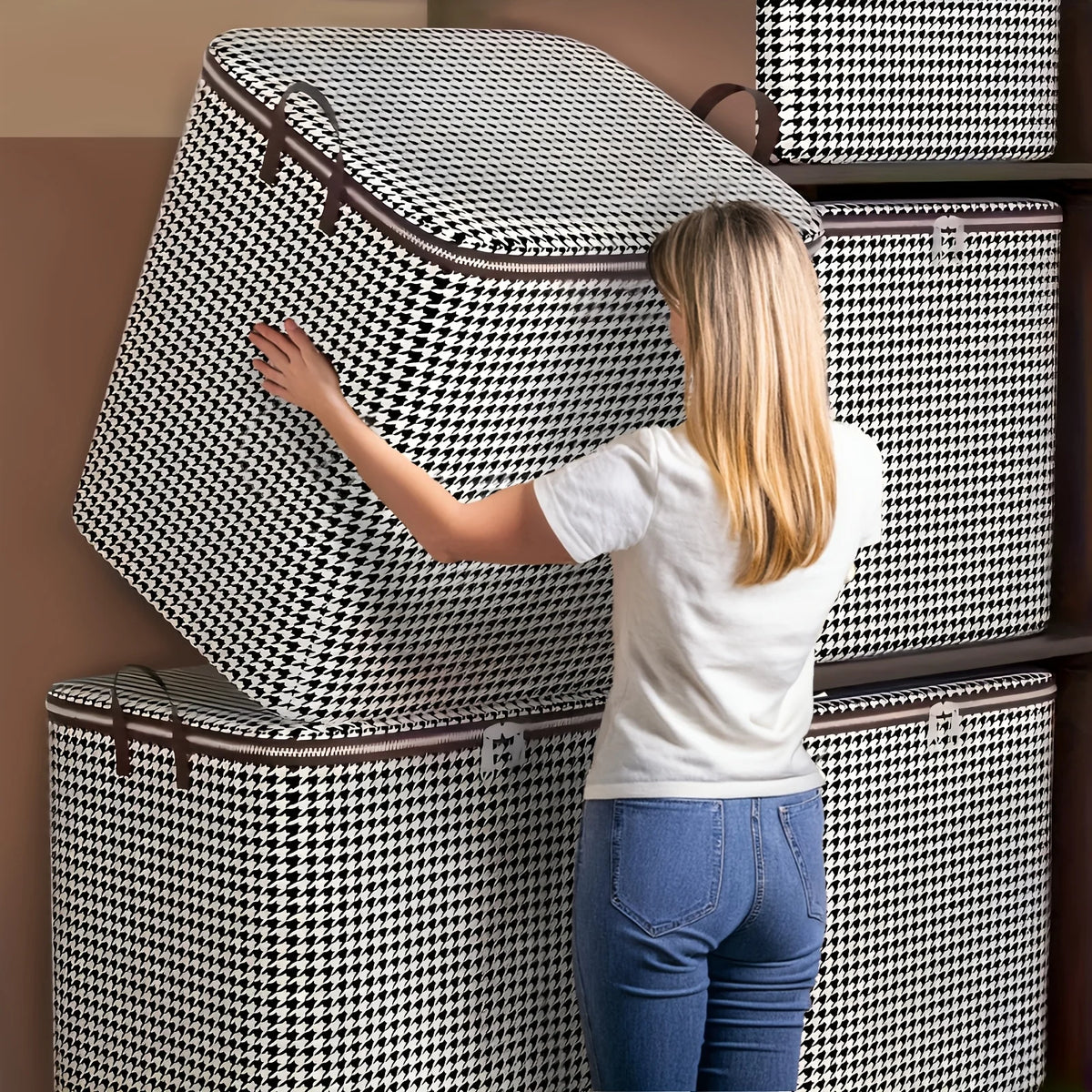 Houndstooth Storage Bag Large Capacity Folding Clothes Portable Wardrobe Sorting Clothes Storage Box With Handle For Bedding