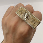 100 Dollar Bill Design 2 Finger Ring Heavy Rough Hip Hop Style 14K Gold Plated Big Size Men's Party Gift US Dollar Theme