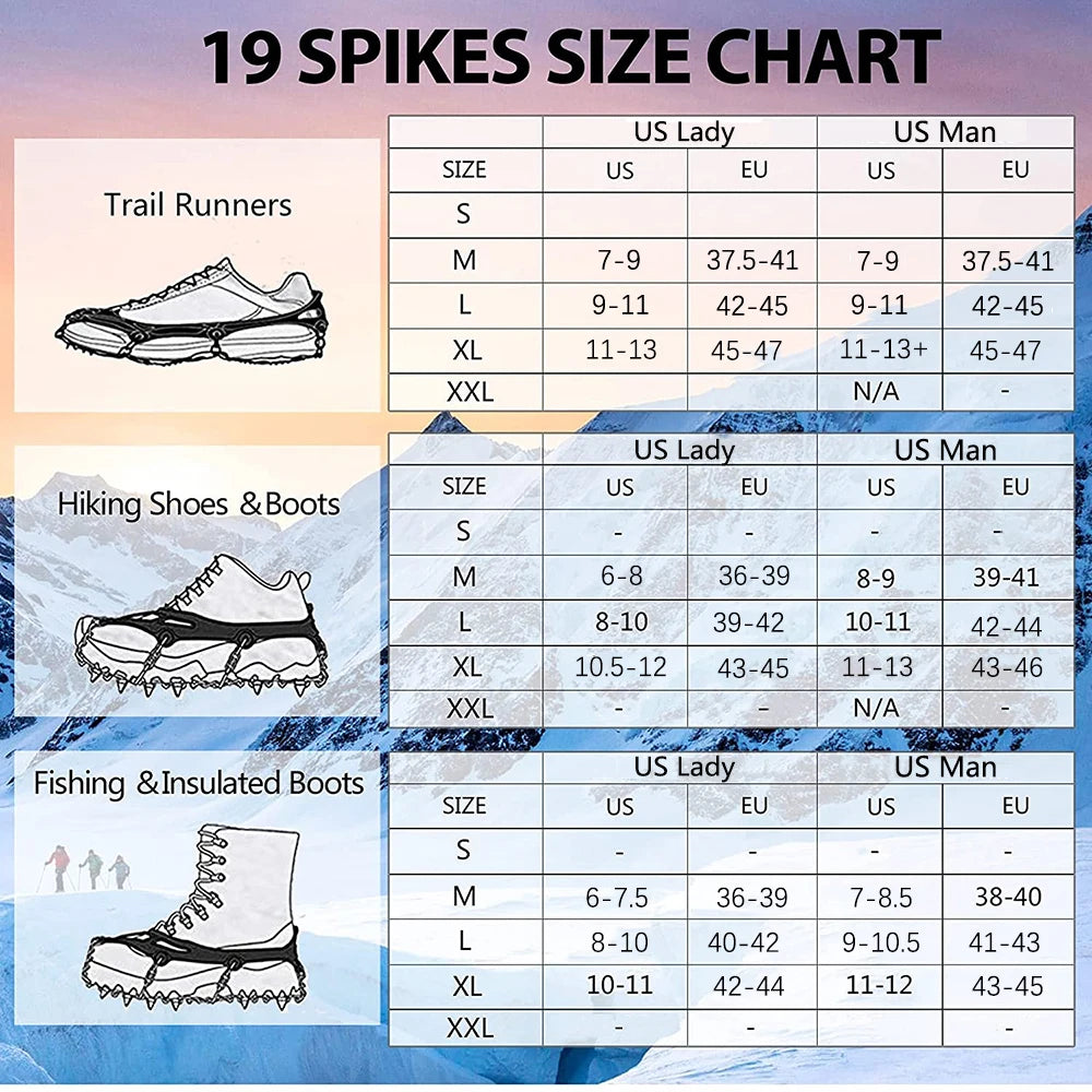 19-Spike Ice Cleats Shoe Traction Crampons Anti-Slip Snow Grippers Black/Orange S-XL