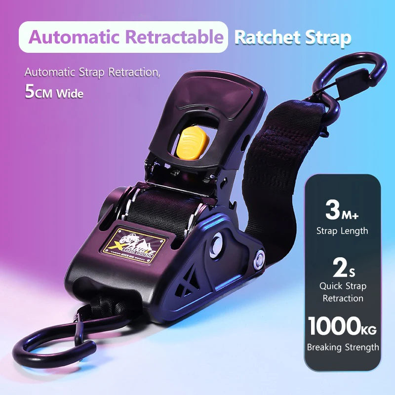 Automatic Retractable Ratchet Strap 3.3m 680kg Quick Release Tie Down Belt with S-Hooks