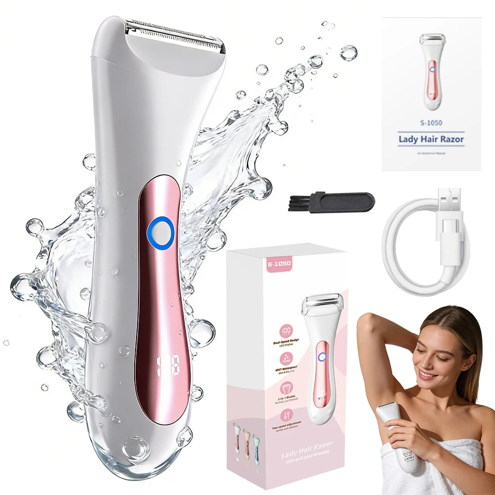 Waterproof women electric shaver, Wet & Dry Portable electric Razor, with Tri-Blade Head for Full-Body Hair Removal