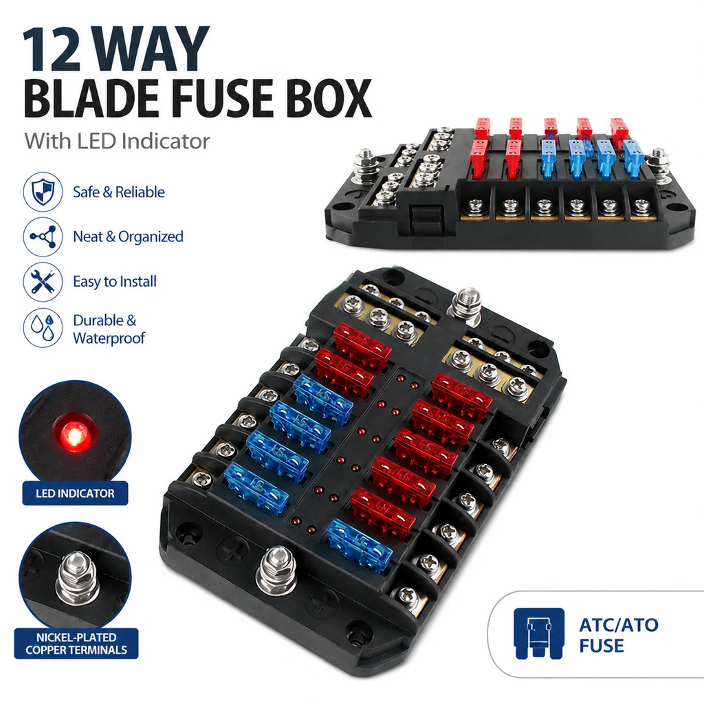 12V-32V 6/12 Way Blade Fuse Box Block with LED Warning, Waterproof Cover, 100A