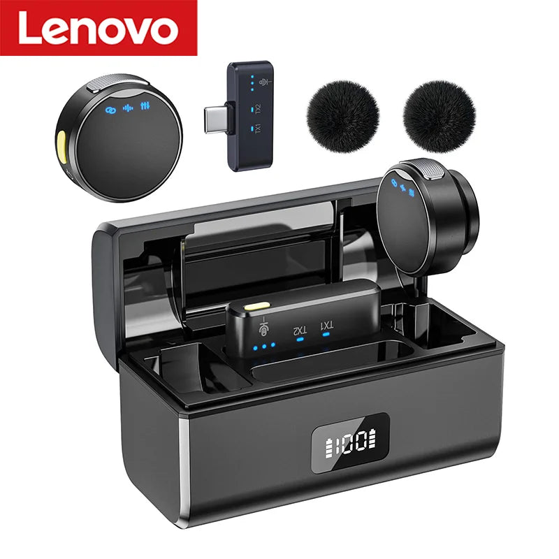 Lenovo Magnetic Wireless Lavalier Microphone 100M Noise Reductionfor with Charging Box Professional Microphone for Recording