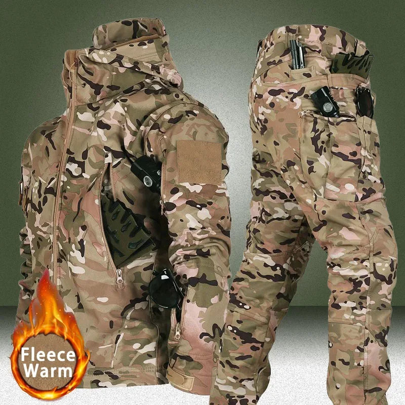 Men's Winter Autumn Fleece Jackets Tactical Waterproof Suits Outdoor Fishing Hiking Camping Tracksuits Coats Thermal Pants
