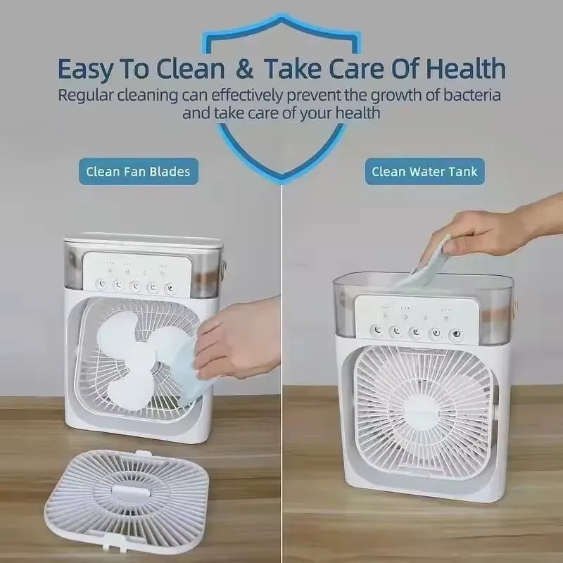 Portable 3-in-1 humidifier fan, mini USB fan, LED night light function, water mist humidification, family fun