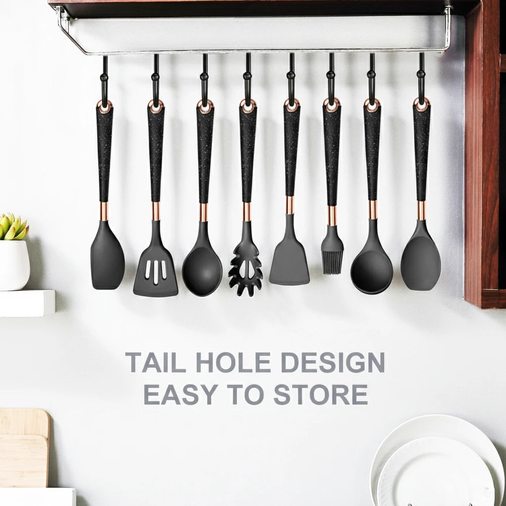 Silicone cooking utensils set with holder bucket, nonstick safe heat resistant, beige/black