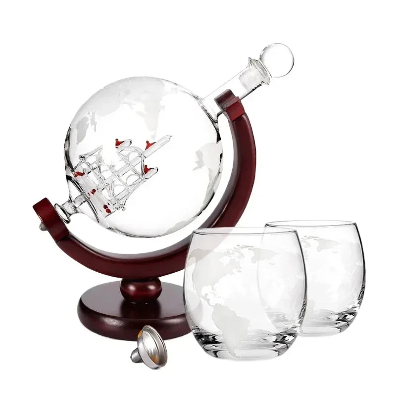 900ML Creative Globe Decanter Set with Lead-free Carafe Exquisite Wood-stand and 2 Glasses Whiskey Decanter Globe Grade Gift
