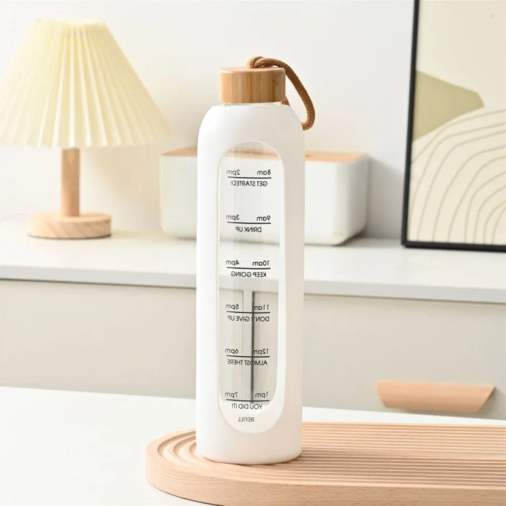 32oz 1L Time-marked Glass Water Bottles Drink Bottle Bamboo Lid Free of Lead Motivational Sport Silicone Sleeve Bottle