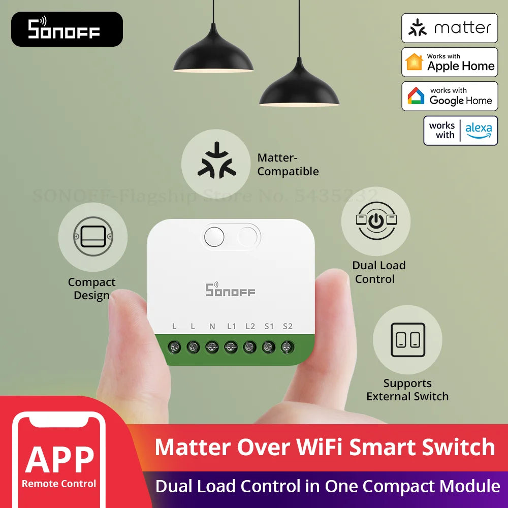 SONOFF MINI-2GS 2-Gang Matter WiFi Smart Switch, Dual Load Control, Detach Relay, Alexa/Apple Home