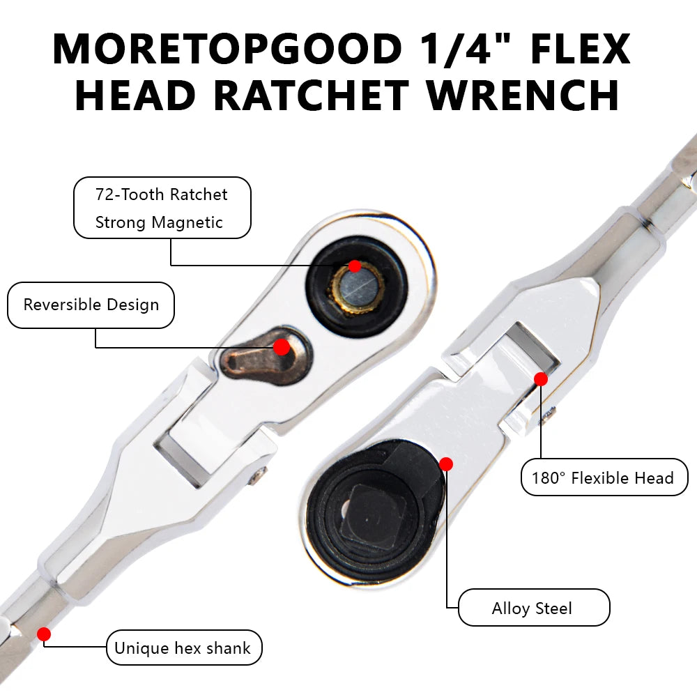 1/4 Inch Stubby Flex Head Ratchet Wrench 72-Tooth Mini Socket/Bit Driver Adapter
