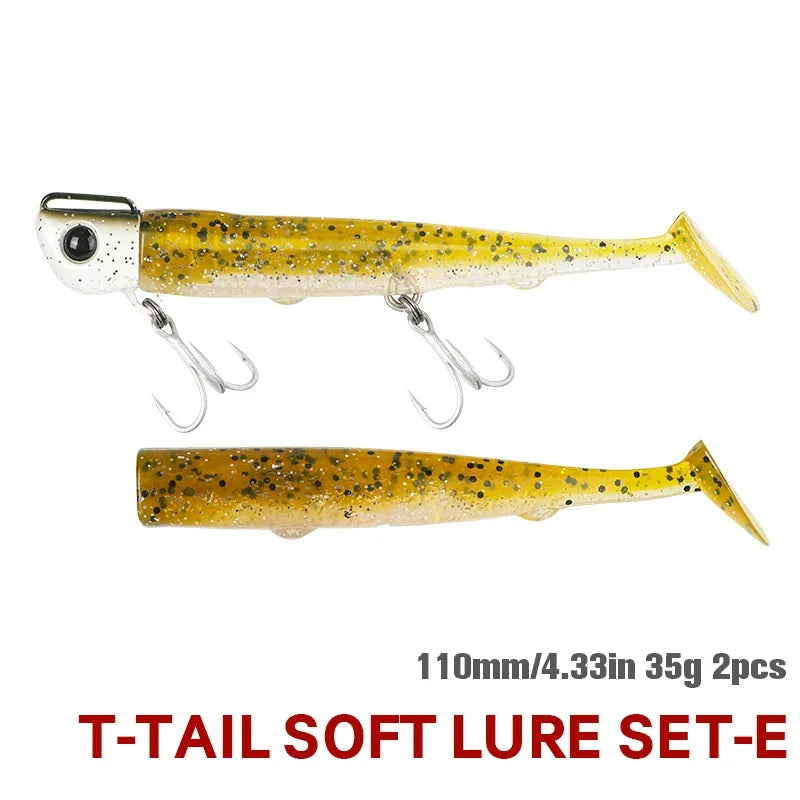 TSURINOYA  9PCS 110mm 35g Long Casting Jig Head T Tail Soft Lure Set Flounder Seabass Fishing Lure Sinking Large Baits