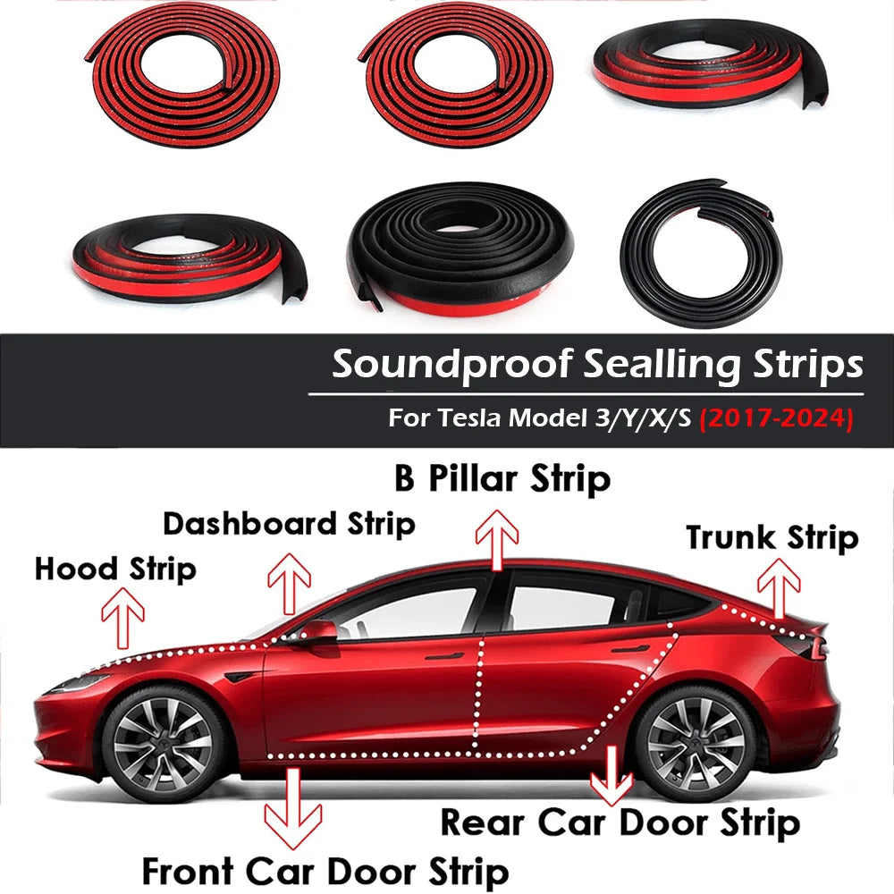 Soundproof Sealling Strips For Tesla Model 3/Y/X/S  (2019-2024) Door Seal Kit Soundproof Rubber Weather Draft Strip Wind Noise R