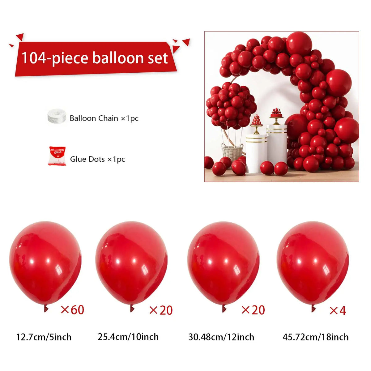 104pcs Balloon Garland Arch Kit, Red Mixed Sizes Latex Balloons for Birthday Wedding Decor