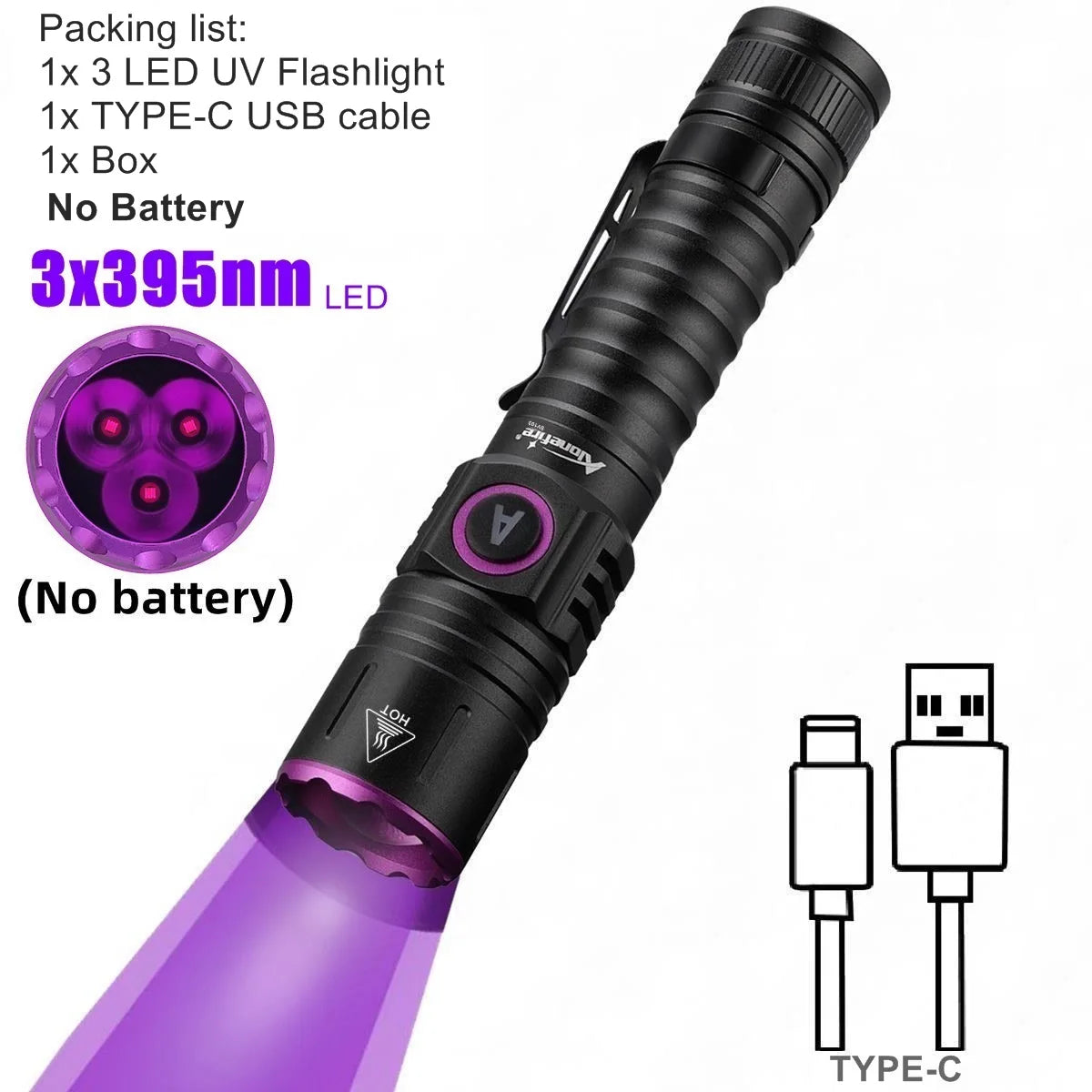 15W UV 365nm High power Blacklight USB Flashlight Invisible Ink Marker Cat Dog Urine Tinea Ore Money Scorpion Fluorescence Light