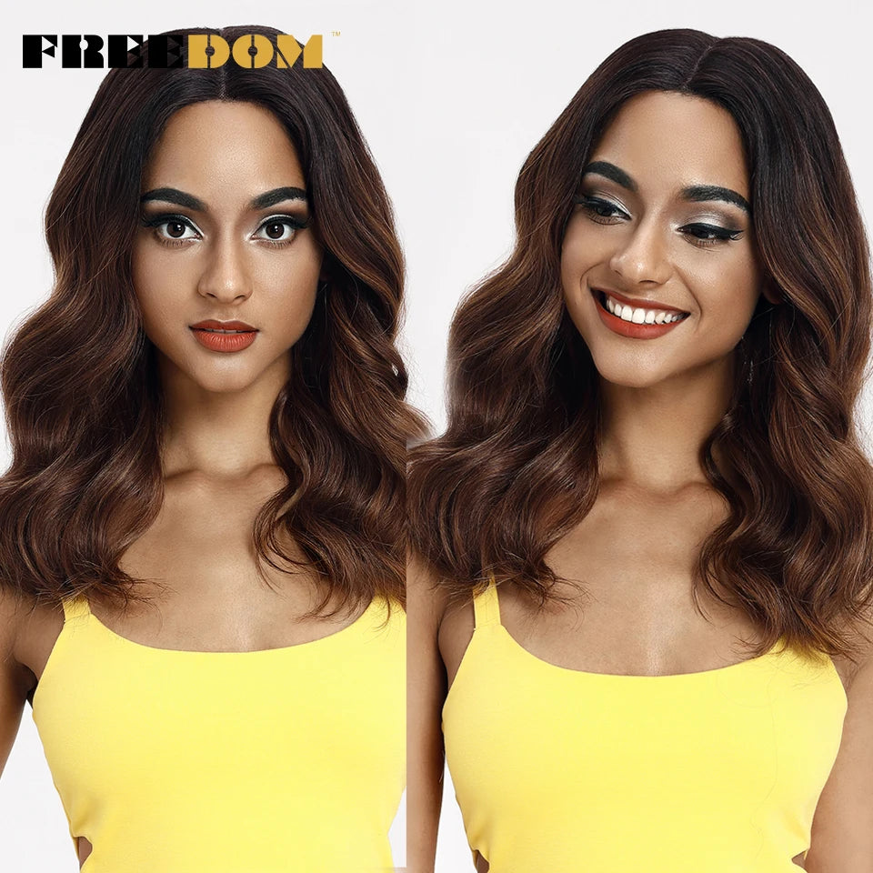 FREEDOM Synthetic Lace Front Wigs For Women 20 inch Short Bob Curly Natural Wavy Wig Ombre Blonde Brown White Wig Cosplay Wig