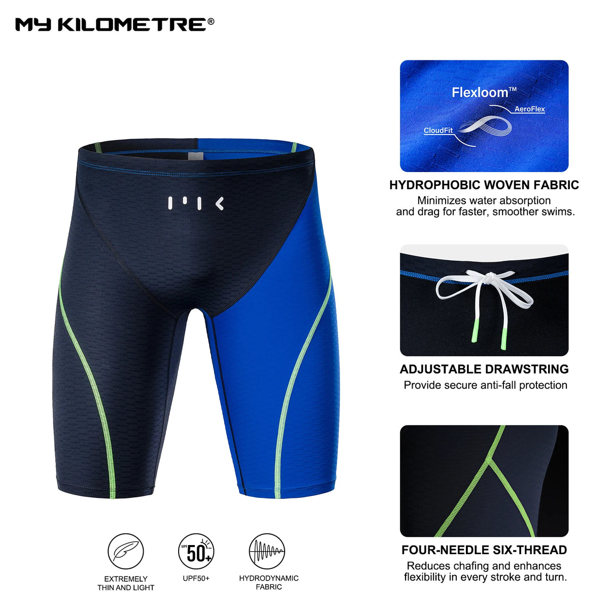MY KILOMETRE Men's Racing Swim Jammer Shorts Chlorine Resistant Quick-Dry, BlackBlue, 3XL