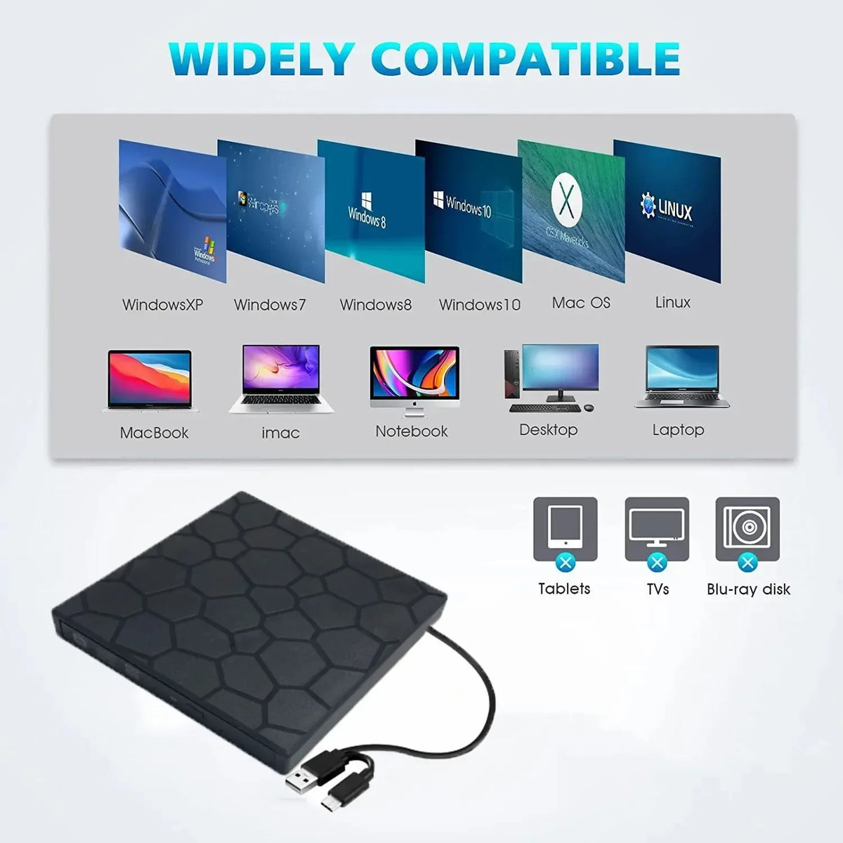 Portable DVD Player 7 in 1 External CD/DVD Drive USB 3.0 Type C CD Burner External Disk Drive For Desktop Mac Windows Linux