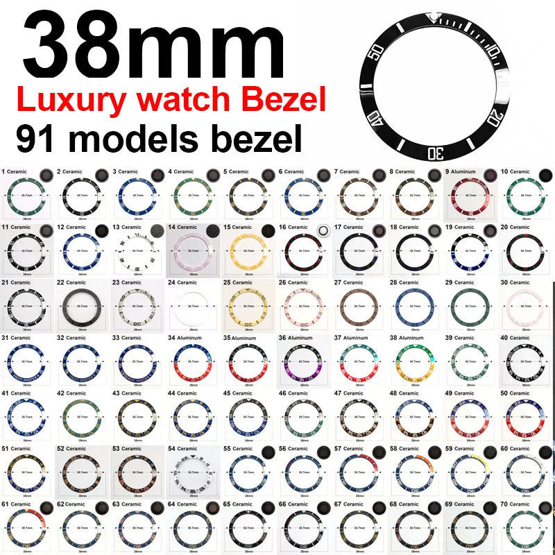 Ceramic sloped luminous watch bezel insert 38-30.7mm fits 40mm case, assorted colors
