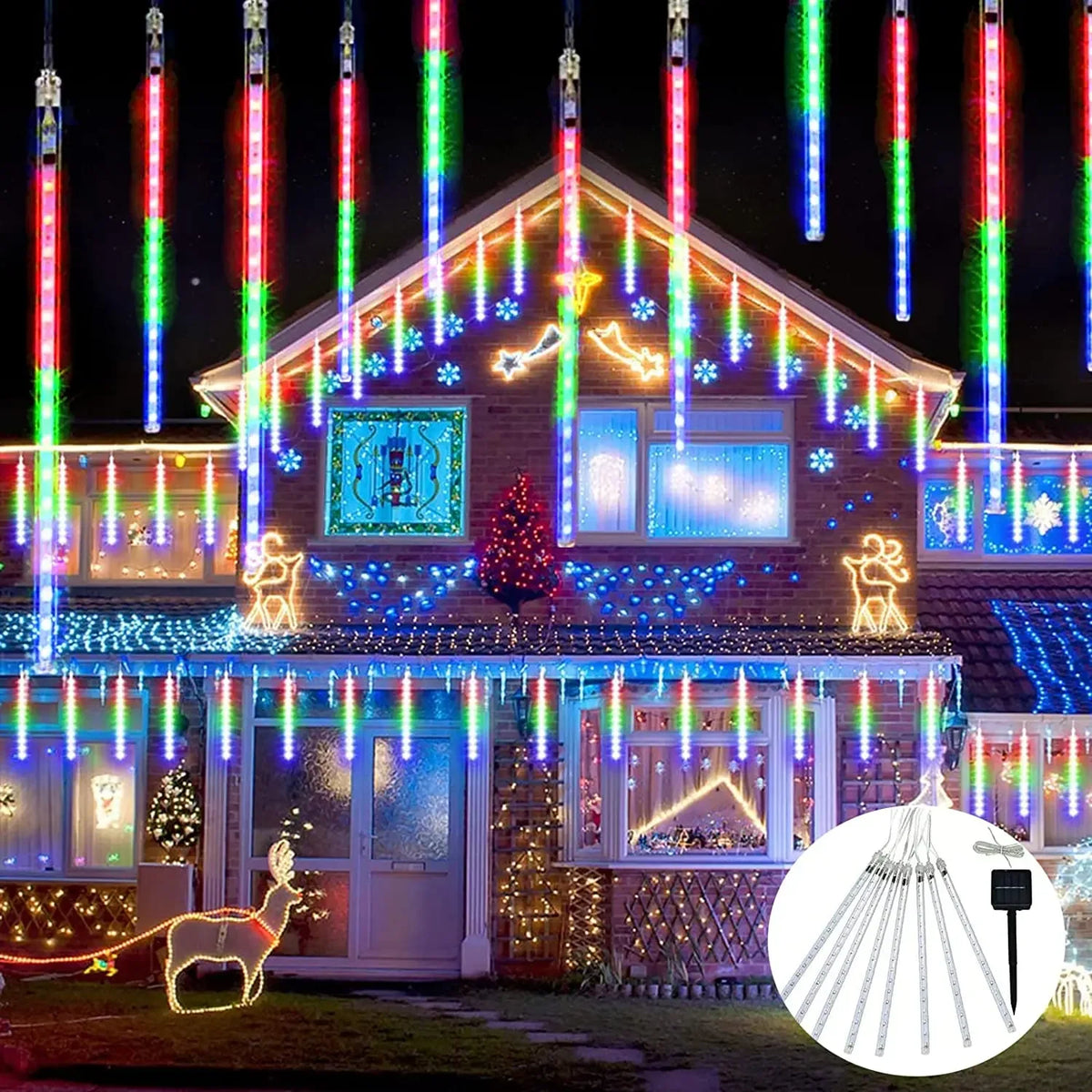 Solar LED meteor shower tube lights, waterproof outdoor falling raindrop, 8 tubes 30cm/50cm