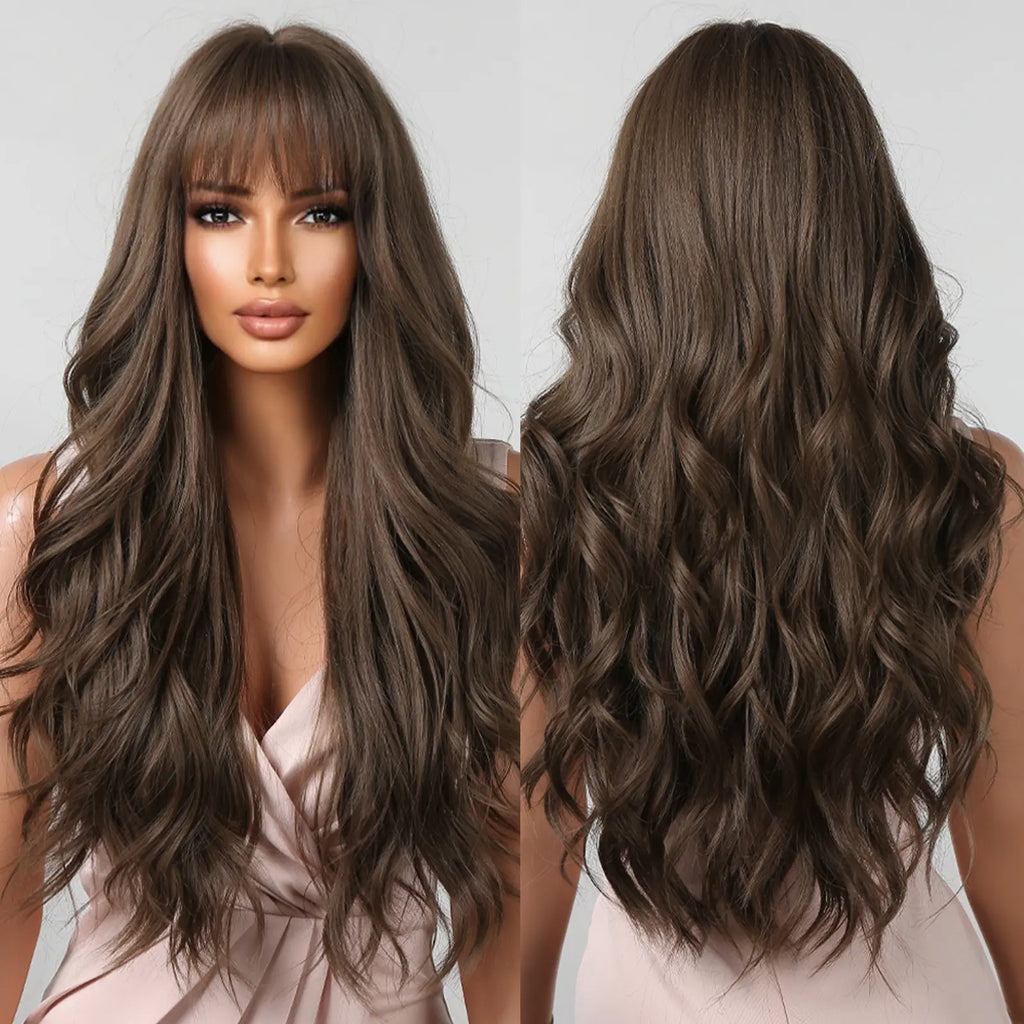 Long wavy synthetic wig with bangs, brown heat resistant, includes wig cap, 1pc