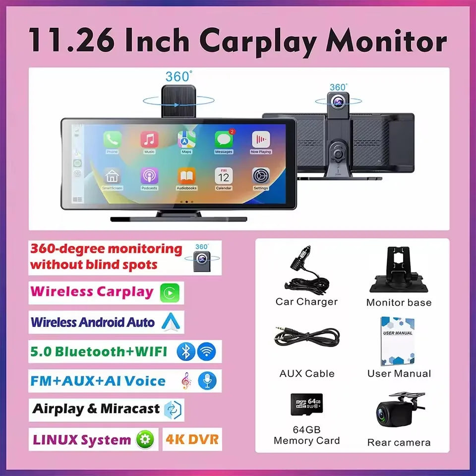 Universal Portable Wireless CarPlay Screen with Android Auto Touchscreen, Rear Camera Options