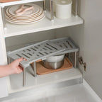 Retractable kitchen cabinet shelf organizer rack for dishes & seasoning bottles, grey/white