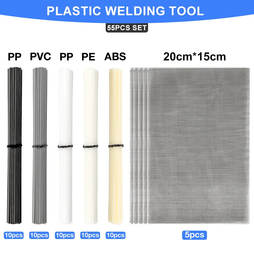 55/110Pcs Plastic Welding Kit, ABS PP PVC PE Plastic Welding Rods,304 Stainless Steel Welding Repair Mesh,Car Bumper Repair Tool