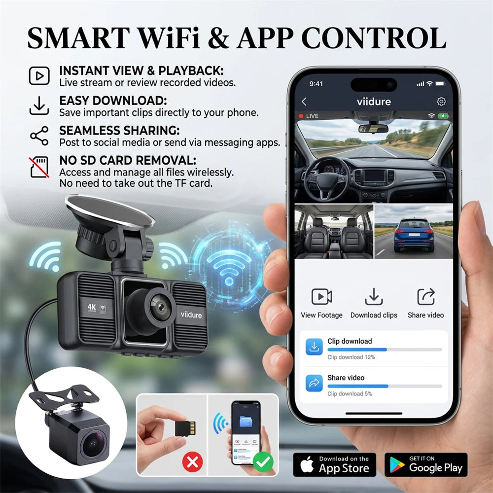 4K 3-Lens Dash Cam WiFi Car DVR Front Inside Rear Triple Camera 24H Parking Mode