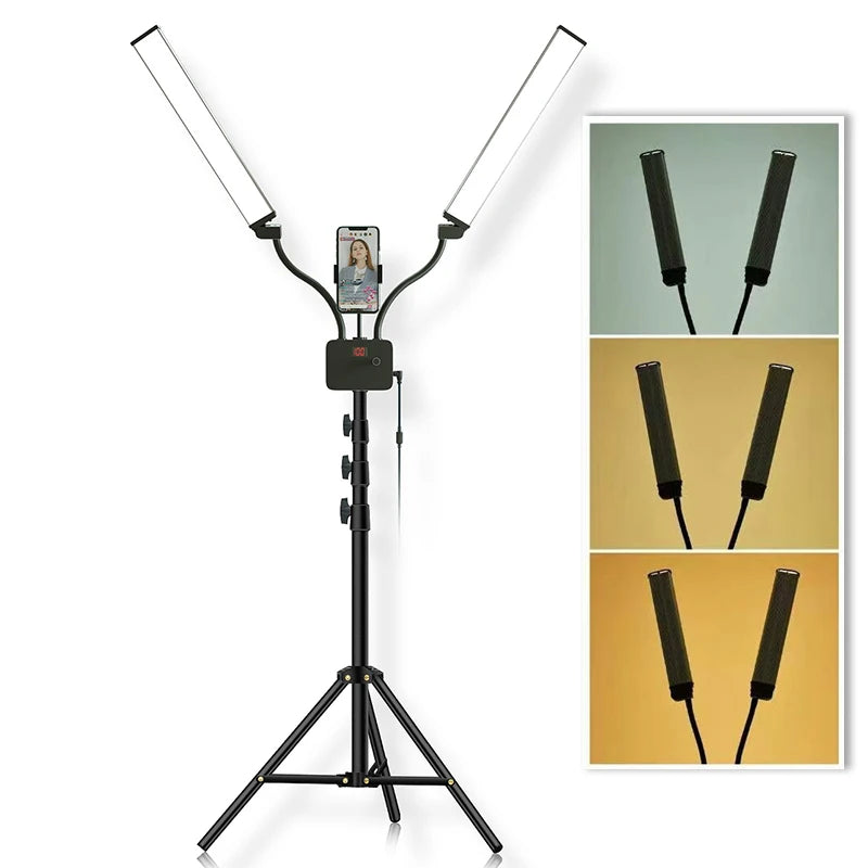 Double Arm LED Fill Light with LCD, 3200-5600K Photo Studio Selfie Lamp, Tripod Options