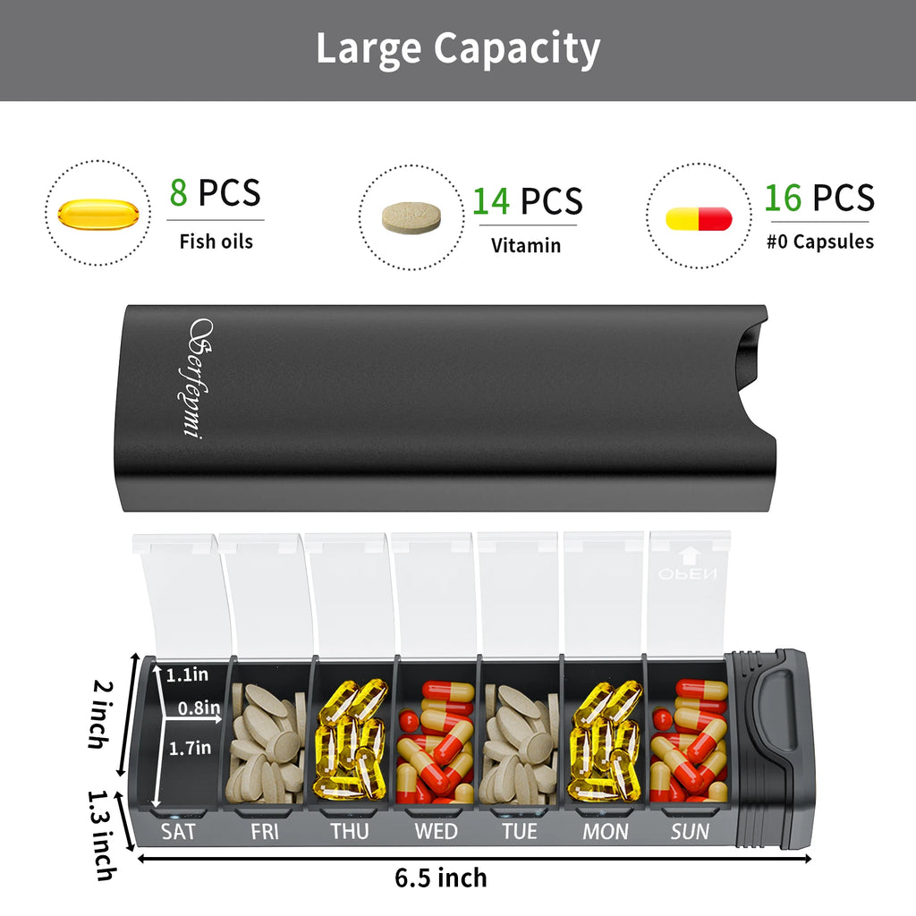 Serfeymi Metal Weekly Pill Organizer - 7-Day Travel Pill Case w/ Spare Gasket | Dosette Box, Tablet & Medicine Holder