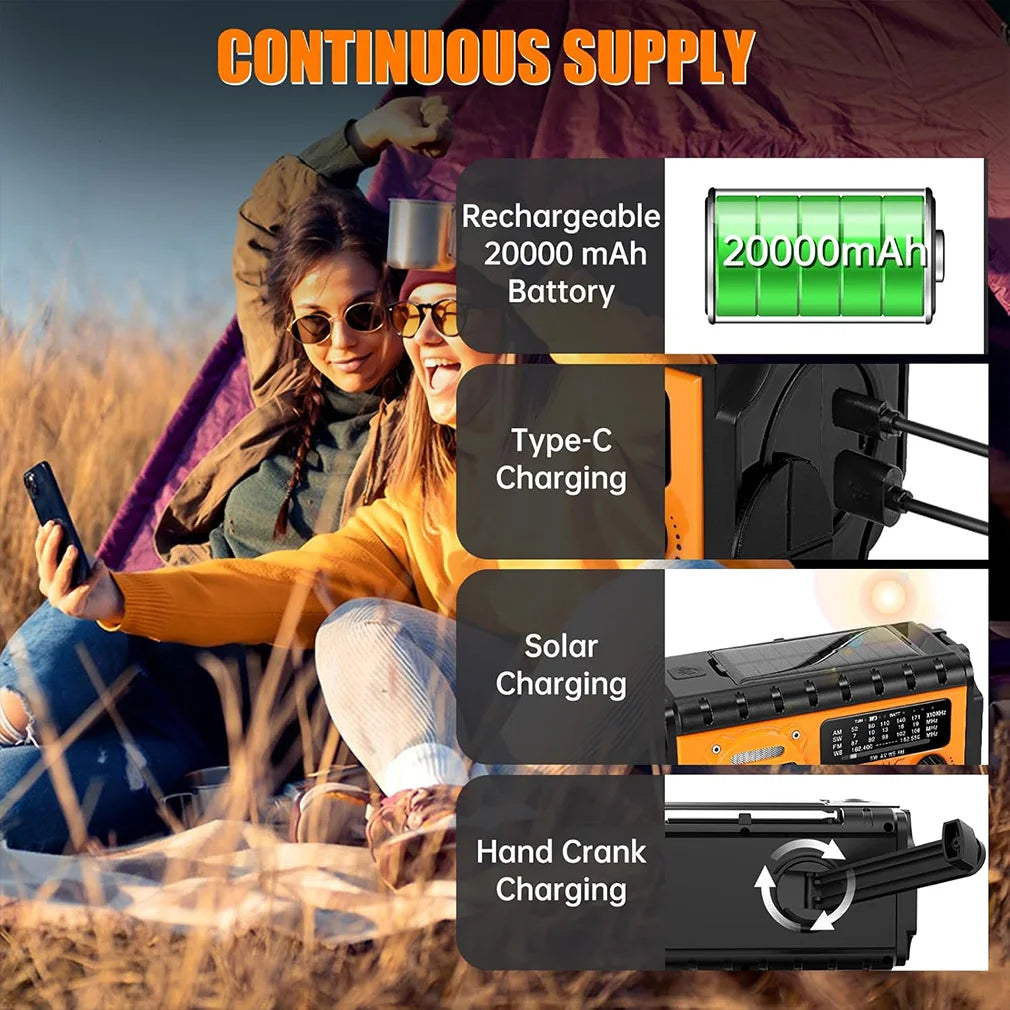 20000mAh Solar Hand Crank Radio Emergency Radio FM AM/WB/NOAA Weather Radio USB Rechargeable Flashlight SOS Alarm Power Bank