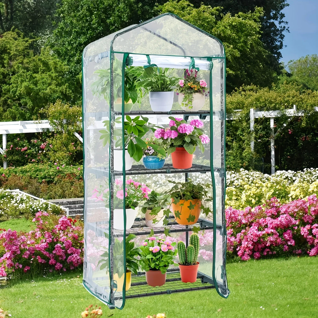 4 Tier Mini Greenhouse, Portable Greenhouse with Rust-Resistant Frame and PVC Cover for Winter Garden Patio Backyard Porch