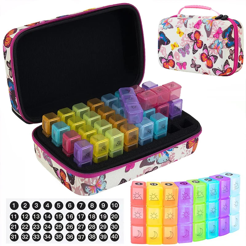 Monthly Pill Organizer Hard Case, 32 Compartments, 3 Times a Day, Black/Blue/Butterfly