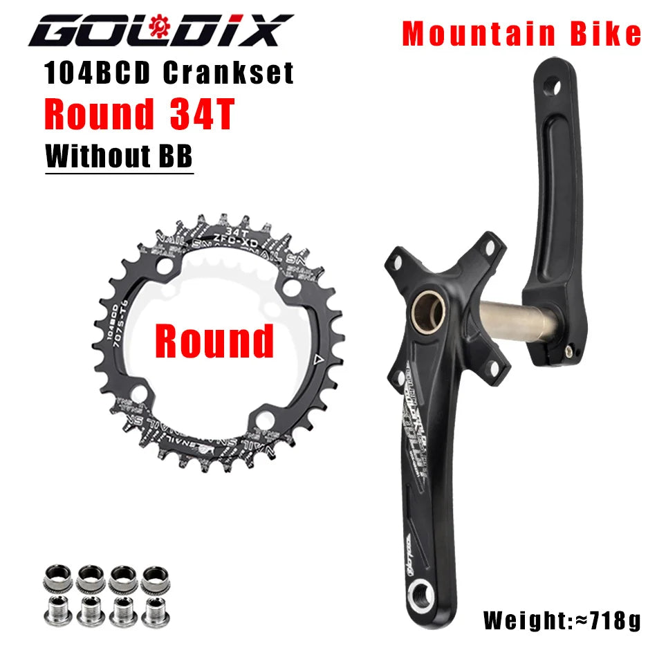 GOLDIX Bicycle Crank Chainring 104BCD MTB Bike Crank Aluminum Alloy with Bottom 170mm Crank Black 32T 34T 36T 38T Plate