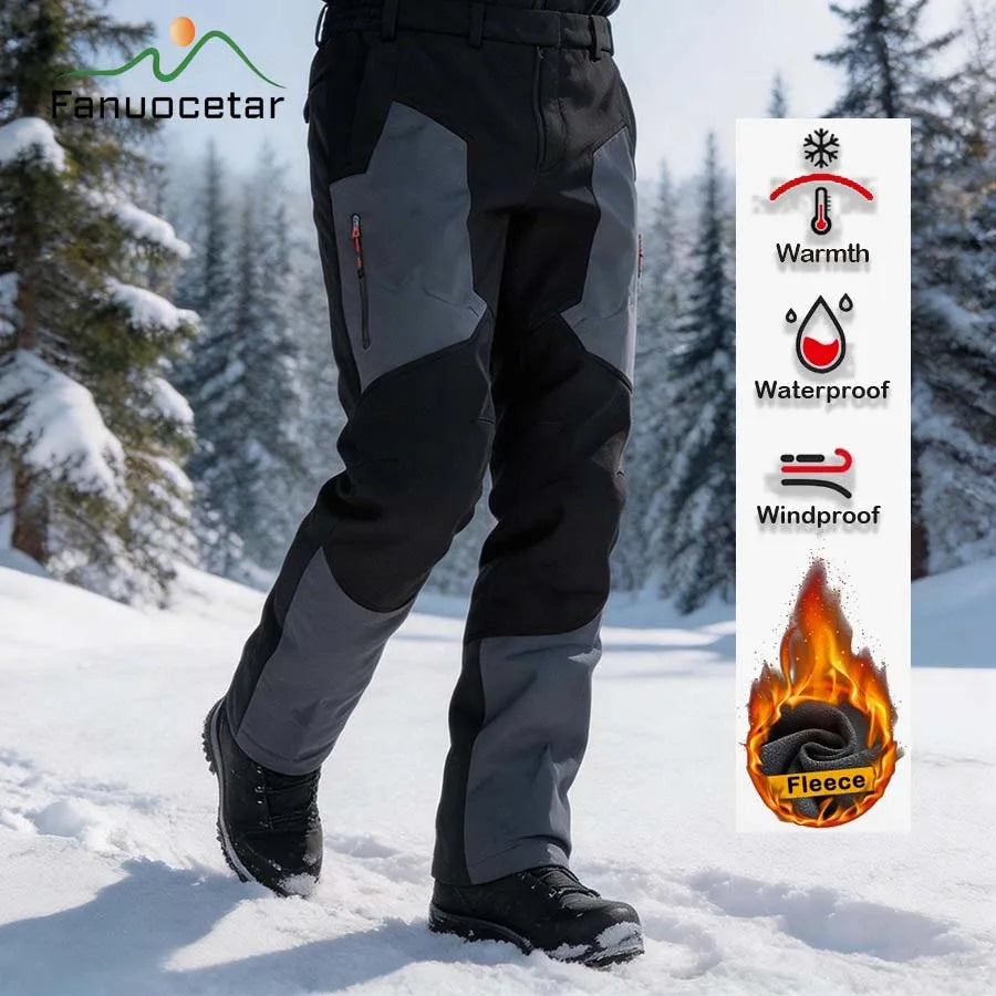 Fanuocetar Mens Hiking Pants Winter Warm Fleece SoftShell Waterproof Windproof Outdoor Ski Trekking Climbing Thick Rain Trousers