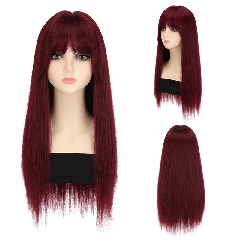 Long wavy synthetic wig 26 inch heat resistant, black or wine red or orange