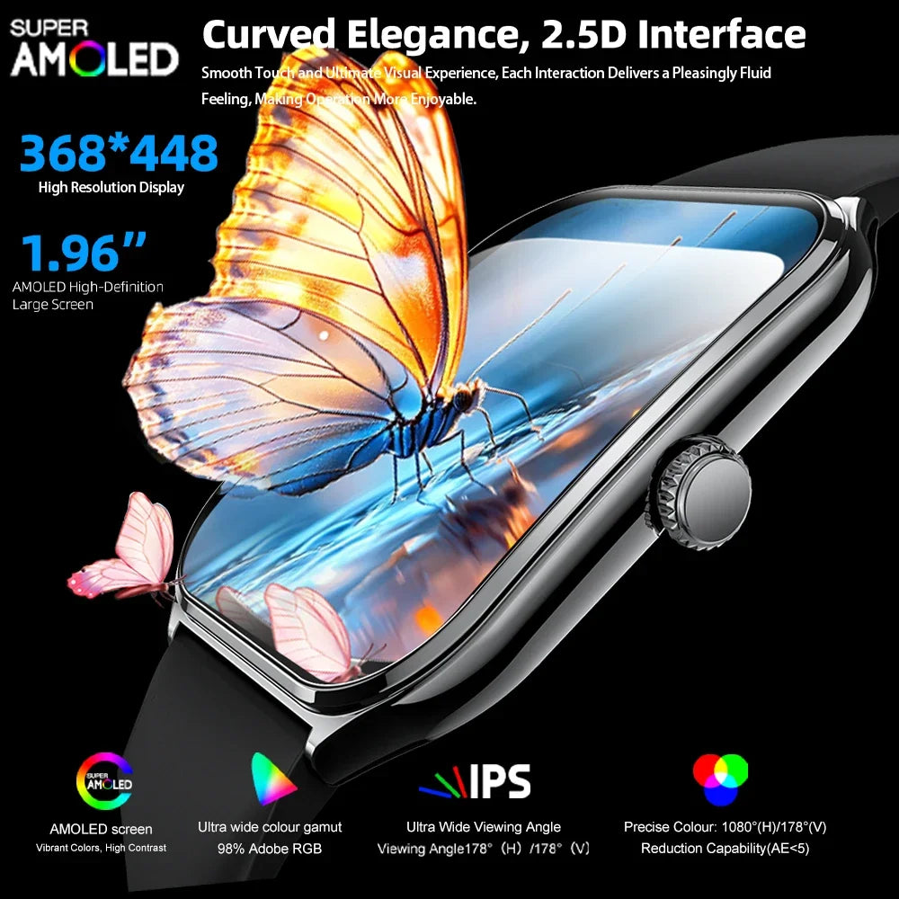 Ultra Thin Smartwatch 1.96in AMOLED Display Bluetooth Calling for Android iOS, Black