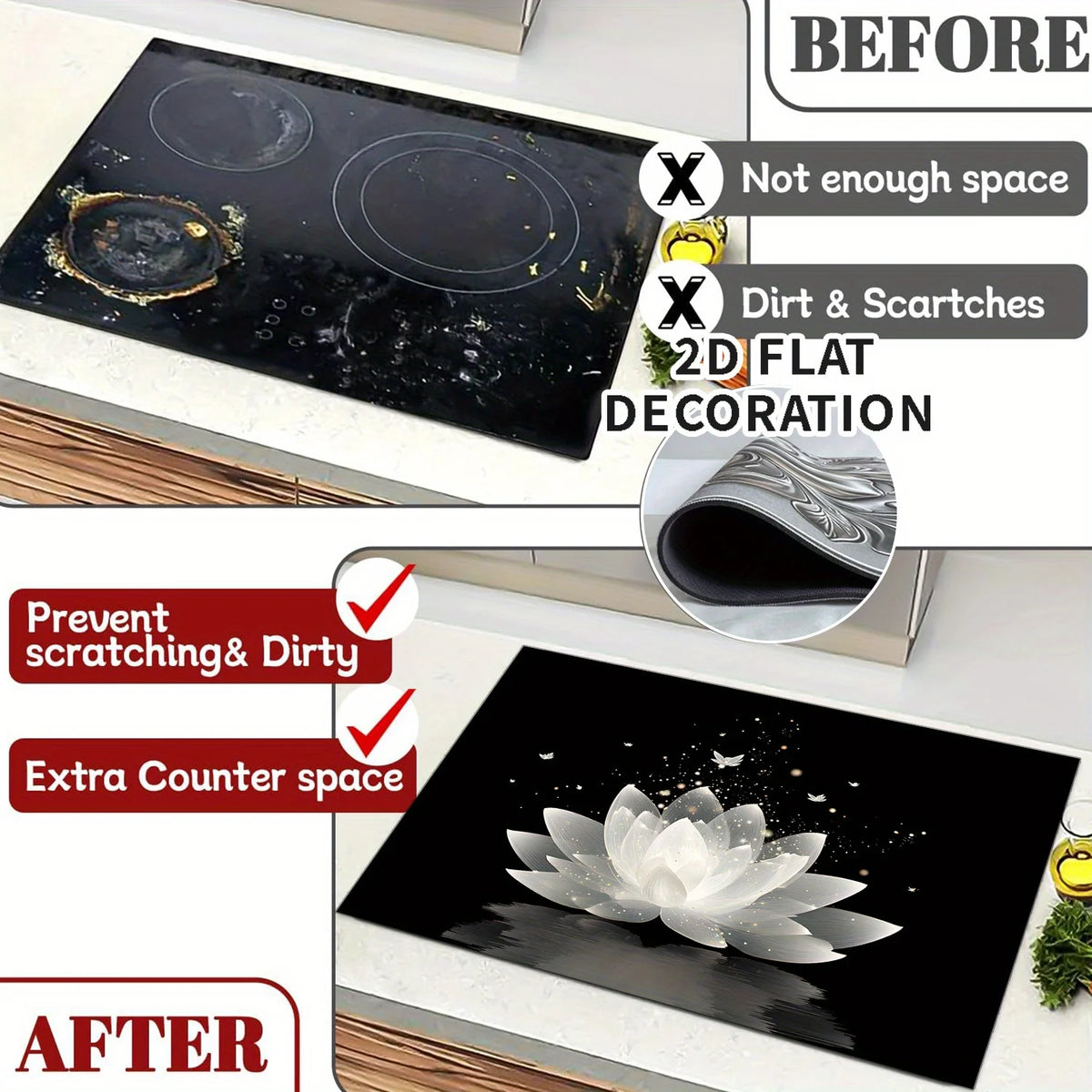 Lotus Butterfly Stove Top Cover Heat Resistant Non Slip Protector Mat for Induction Cooktop Kitchen Decor 2D Flat Cover