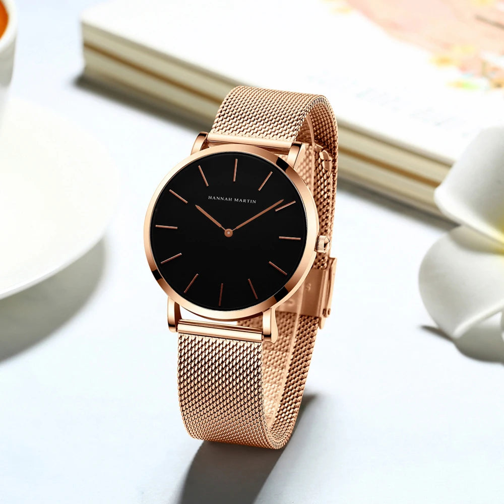 2023 New Women Bracelet Watch 1 Set Japan Quartz Movement Simple Rose Gold Stainless Steel Mesh Student Watches Relogio Feminino
