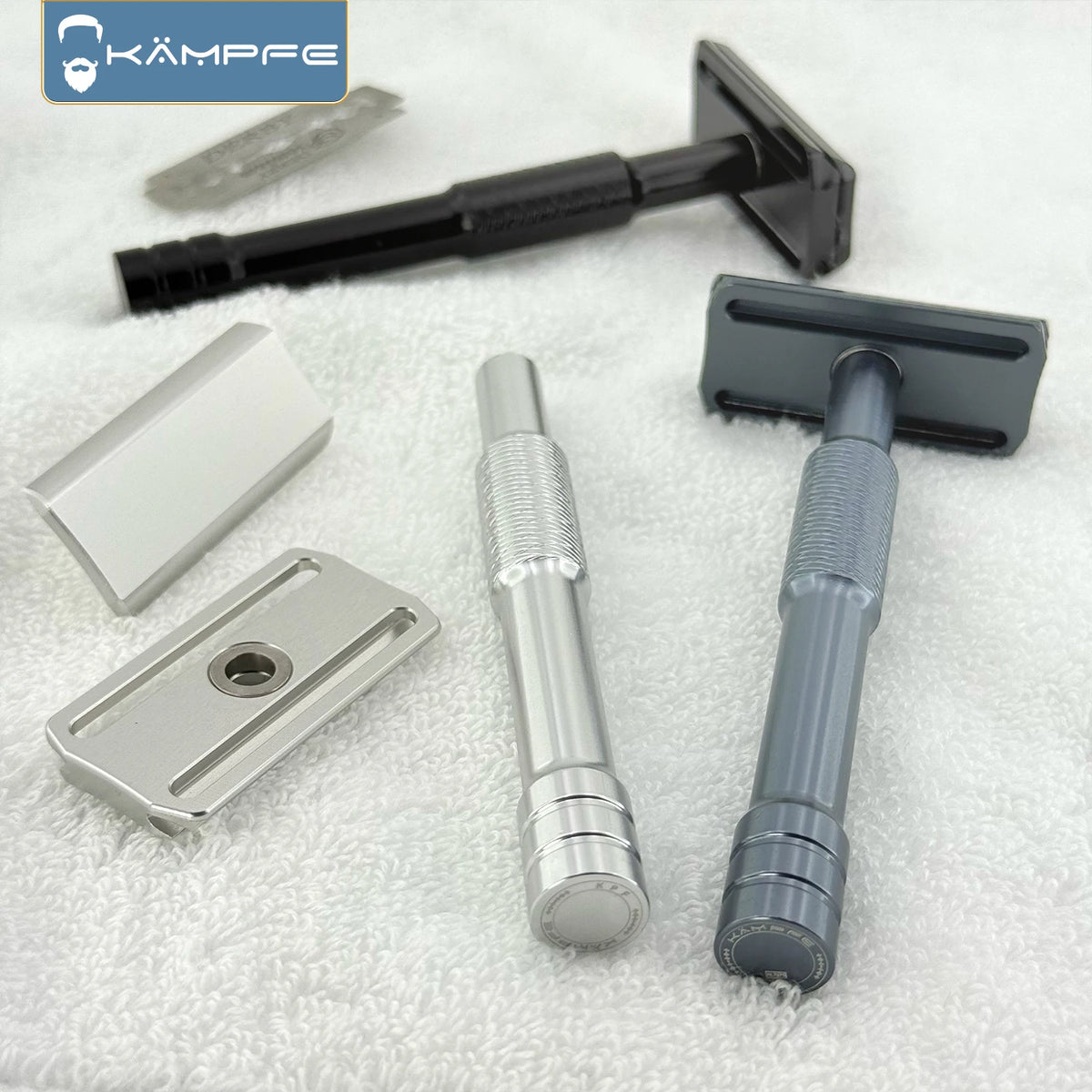 Kampfe CNC machined safety razor shaver with 5 blades, A85, black/grey/silver