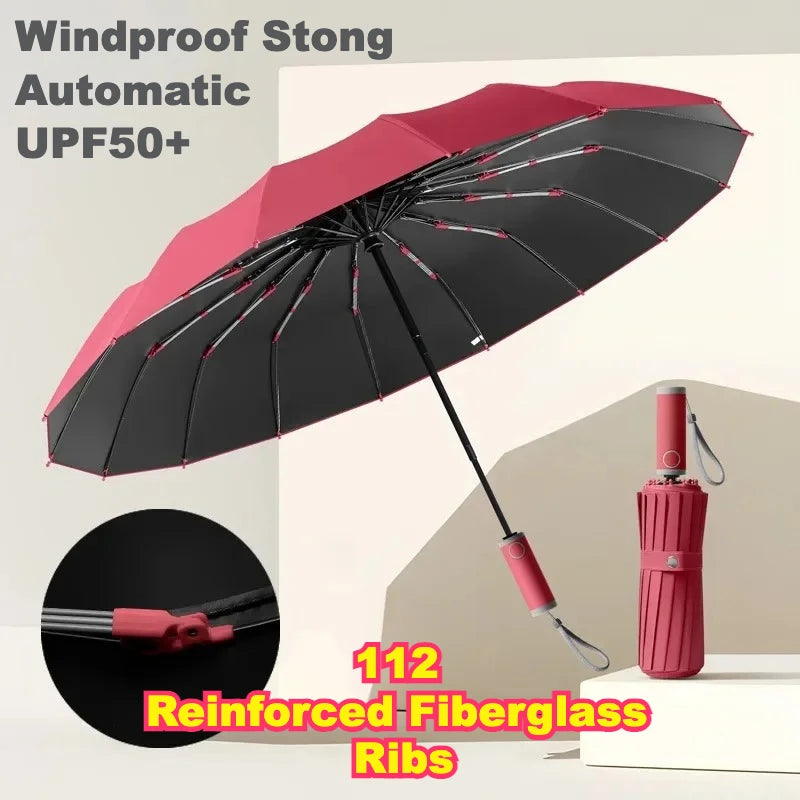 Automatic Open Close Compact Folding Umbrella, 112 Rib Windproof UV50+ Sun Rain - Black
